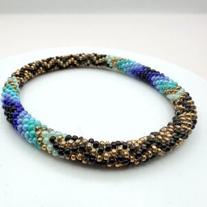 Vintage Y2K Boho Artisan Blue Spiral Seed Bead Crochet Rope Bracelet Jewelry 90s